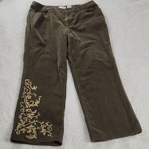 Elegant Olive Green Corduroy Pants with Gold Detail Stretch Size 16